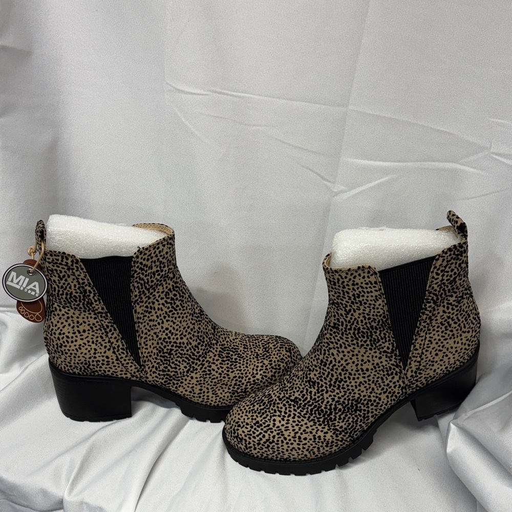 MIA Leopard Print Ankle Booties in Tan and Black